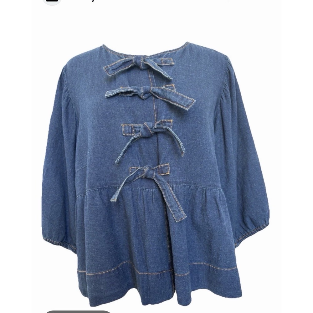 Velvet Heart‎ Denim Dark Wash 4 Tie Front Peplum Balloon 3/4 Sleeve Top L
